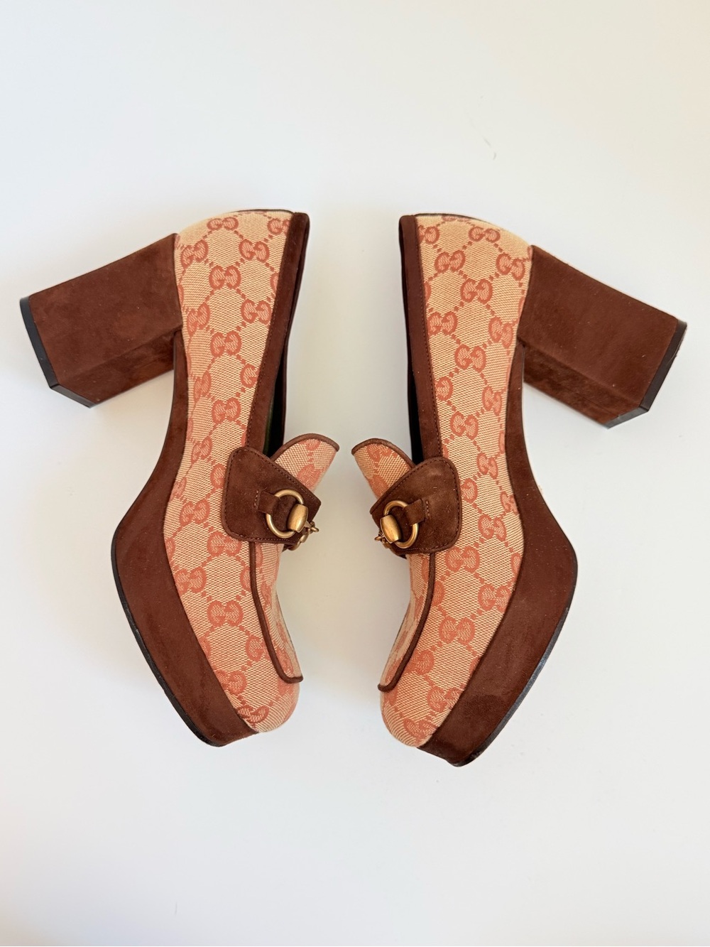 Gucci Horsebit GG Canvas Platform Pumps Monogram Brown Suede Block Heels EU 39 - Picture 6 of 11